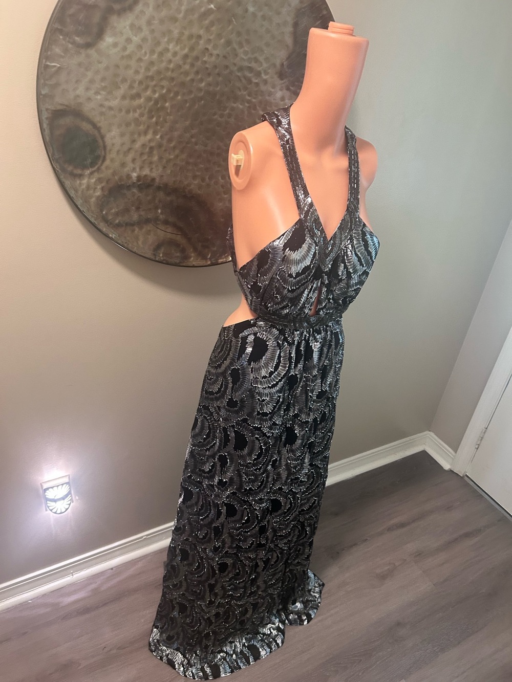 Arden B Black and Silver Backless Halter Maxi Dress